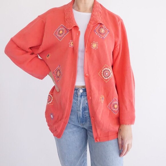 Vintage Tabi Coral Knit w Floral Aztec Cotton Blend Button Cardigan Sweater Xl - Picture 1 of 11